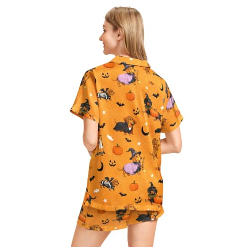 Image of Funny Pajamas for Women Set Print Satin Loungewear Pjs Short Sleeve Button Down Top and Shorts Sets Sleepwear XS-3XL