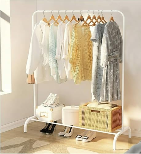 THUNDER GROUP Heavy Duty Clothes Rails for Bedroom-Metal Clothes Racks for Bedroom storage 145x110cm-Hanging Rails free standing Clothes rails (White)