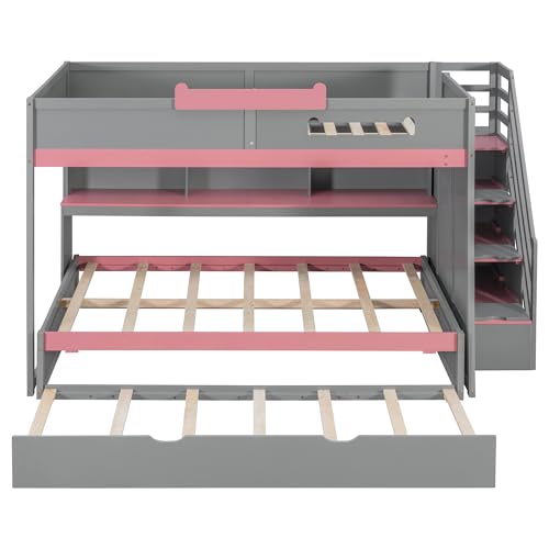 Image of Merax Full Over Full Wood Bunk Bed with Twin Size Trundle with Stairs & Hidden Storage & Shelves, Built-in 3-in-1 LED Lights, Multi-Level Storage Hub, Space-Saving Bedroom Furniture, Gray+Pink