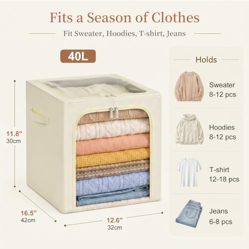 Image of GoMaihe Clothes Storage Bins with Metal Frame Beige 40L 6-Pack | Stackable, Clear Window, Duable Zipper, For Sweater Jeans Hoodies T-shirt , For Top Shelf Closet Organizer