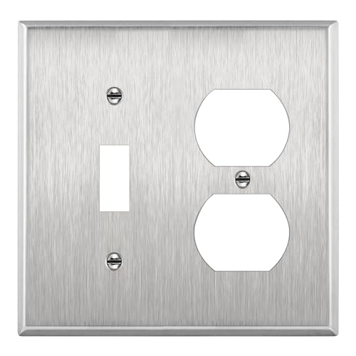 Image of ENERLITES Combination Toggle Light Switch or Duplex Receptacle Outlet Metal Wall Plate, Corrosive Resistant, Size 2-Gang 4.50 inch x 4.57 inch, 771121, 430 Stainless Steel, UL Listed, Silver, Standard