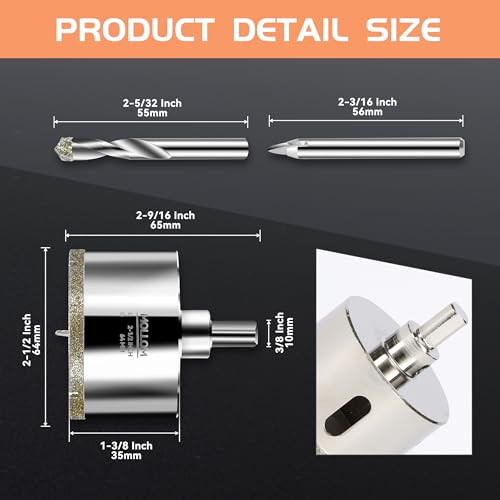 Image of MOLLOM 2-1 /2 inch (64mm) Diamond Hole Saw with 2 Pilot Drill Bit | Tile Hole Saw Smooth Cutting Porcelain Tiles,Ceramic,Marble,Granite