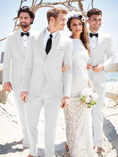Mens Suits 3 Piece Slim Fit Suit Set Solid Two Button Blazer Jacket Vest Pants Tuxedo Set for Wedding Groomsmen Business Prom Party(X-Small,White)2