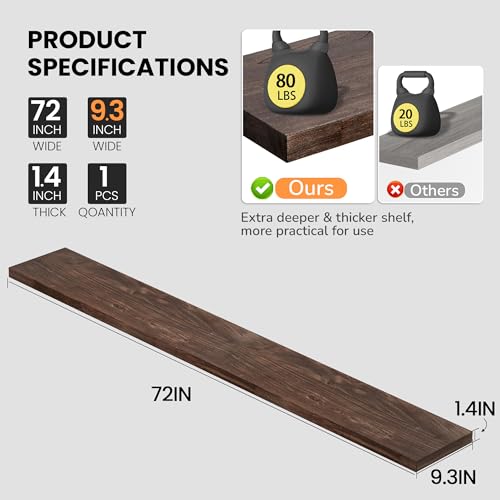 Image of Fun Memories Floating Shelves for Wall, 72 inch W x 9.3 inch D Wood Floating Shelf with Invisible Heavy-Duty Metal Bracket, Deep Floating Shelf for Living Room Kitchen, Walnut Finish