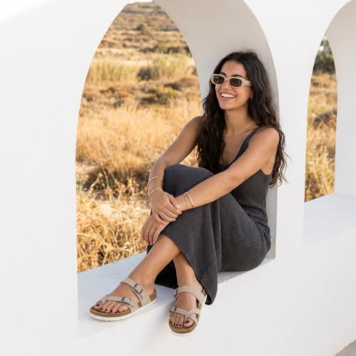Image of CUSHIONAIRE Lucky 100% Genuine Leather Suede Womens Sandals, Comfortable Cork Footbed Slides for Women with Adjustable Buckles