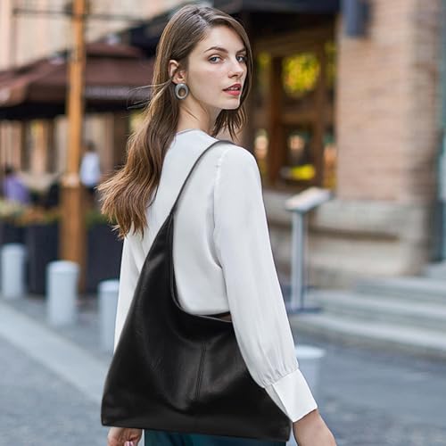 Image of Leather Hobo Bags for Women Slouchy Tote Bag Retro PU Leather Purse Soft Shoulder Handbags Large Work Tote Bag 2pcs