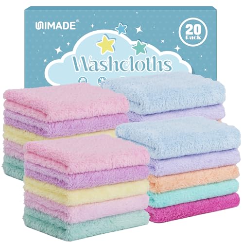 Image of UNIMADE Baby Washcloths, 20 Pack Super Soft Microfiber Coral Fleece Wash Cloths, Extra Absorbent Baby Towels for Newborns, Infants and Toddlers, Gentle on Sensitive Skin for Face and Body - 7" × 9"