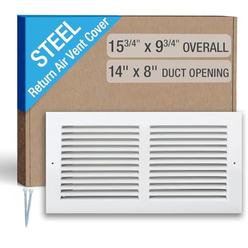 Hoovate 14 x 8 Inch (Duct Opening) Return Air Vent Cover Louvered Steel HVAC Grille for Wall and Ceiling White Powder-Coated Rust-Resistant Finish Decorative Design Easy to Install