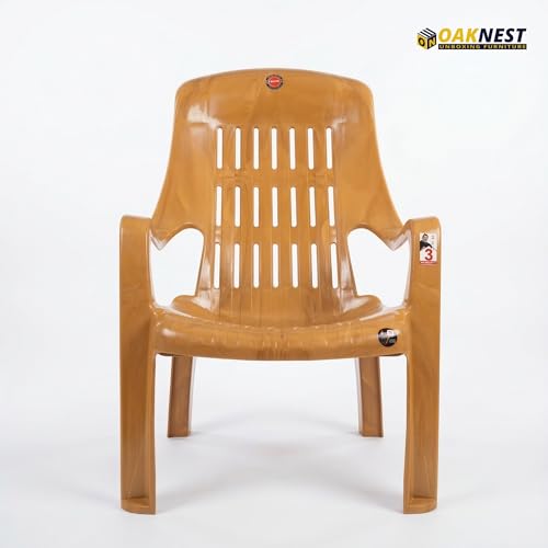 Image of Oaknest Unboxing Furniture Celloo Premium Plastic Relaxing Chair with Armrests | Ergonomic High-Back Lounge Seating for Home, Garden & Balcony (Sandalwood), Count of 2