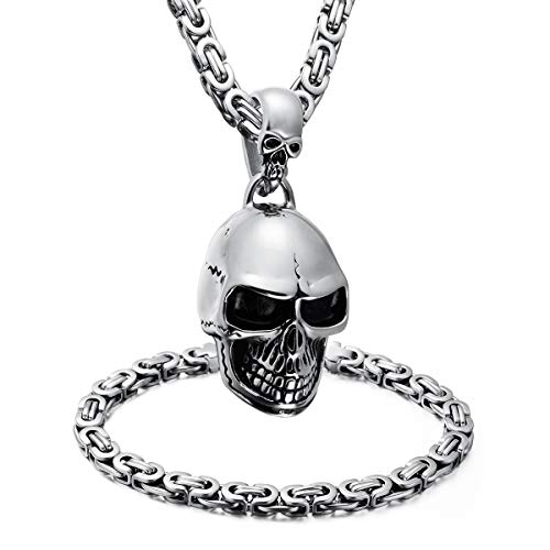 Westmiajw Mens Stainless Steel Silver Large Heavy Skull Pendant Necklace Chain Bracelet Set Gothic Punk Biker Jewelry 60Cm #TOP15