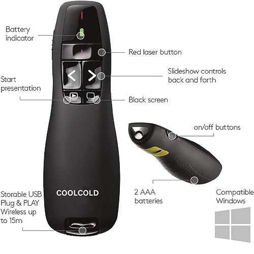 Image of COOLCOLD Laser Pointer, Wireless Presentation Clicker, PPT Presenter Slide Changer Controller with USB Receiver, Battery Indicator for Mac, Computer, Laptop, Windows, Slideshow Google Slide (Black)