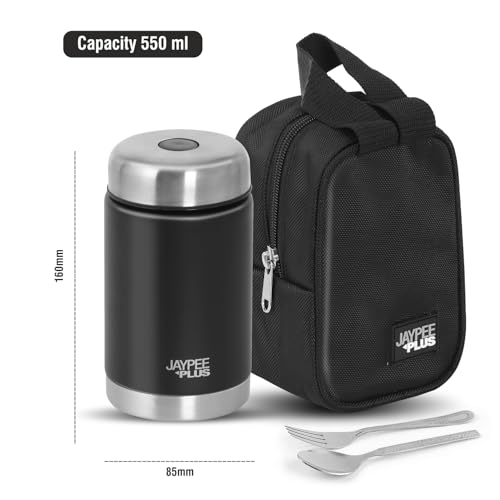 Image of Jaypee Plus Nutri Jar Stainless Steel Vacuum Insulated Food Jar With Bag & Spoon|Hot And Cold Thermal Flask|Double Walled Scratch Resistant Ideal for Office, School, Gym & Travelling | 550 ml, Black