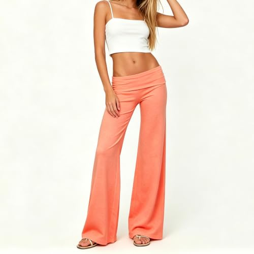 Image of Lounge Yoga Pants for Women Fold Over Low Waist Wide Leg Bell Bottoms