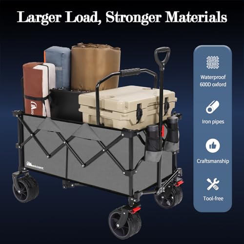 Image of Moon Lence Collapsible Folding Wagon Cart Heavy Duty Folding Garden Portable Hand Cart with All-Terrain Beach Wheels, Adjustable Handle (Grey)