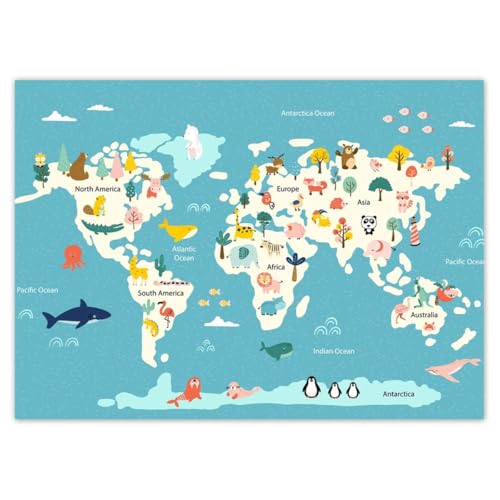 Tapet icke-vävd 254 x 184 cm världskarta med djur nr. H10526M_TV5BH