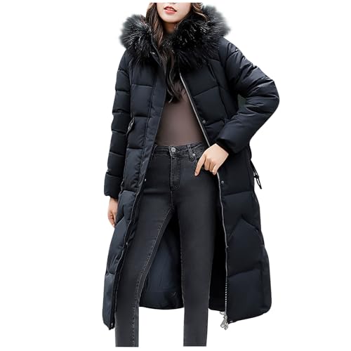 Mrat Puffer Coat for Women UK Longline Padded Maxi Down Coats with Faux Fur Hood Winter Warm Thickened Quilted Parka Jacket Ladies Windproof Long Overcoat Loose Fit Windbreaker Jackets Outerwear M-4XL