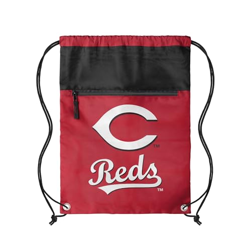 FOCO MLB Officially Licensed Unisex Team Color Baseball Primary Logo Wordmark Drawstring Backpack With Zippered Pocket - Cincinnati Reds
