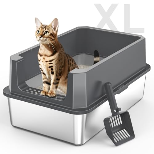 Stainless Steel Litter Box, Extra Large Litter Boxes for Big Cats, XLarge Metal Cat Litter Box with Lid, Anti-Urine Leakage XL Box with High Sides, Easy Clean, Non-Sticky, Scoop Included