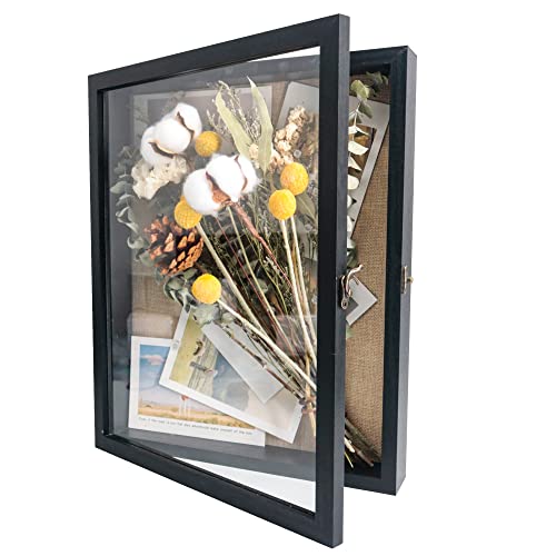 Image of GraduationMall 11x14 Wood Shadow Box Frame Glass Door Display Case with Linen Back and 6 Stick Pins,1.5 inches Interior Depth,Ideal for Memorabilia Pictures Flowers Medals Tickets Rustic Black