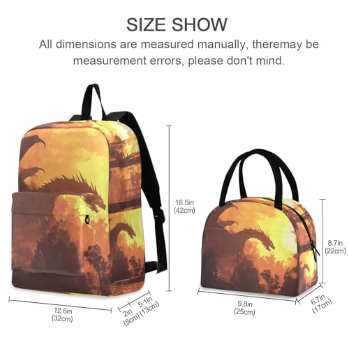 Silhouettes Dragon Print Backpack Set with Lunch Bag, Large Capacity Travel Backpacks and Lunch Box Insulated for Commute Hiking Picnic2