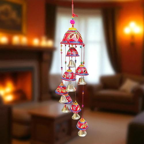 Image of Bindian Rajasthani Handcrafted 8-Bell Hanging Windchimes | Traditional Plastic Latkan for Home Decor, Vastu & Positive Energy | Elegant Wall Hanging for Balcony, Living Room (Red-2)