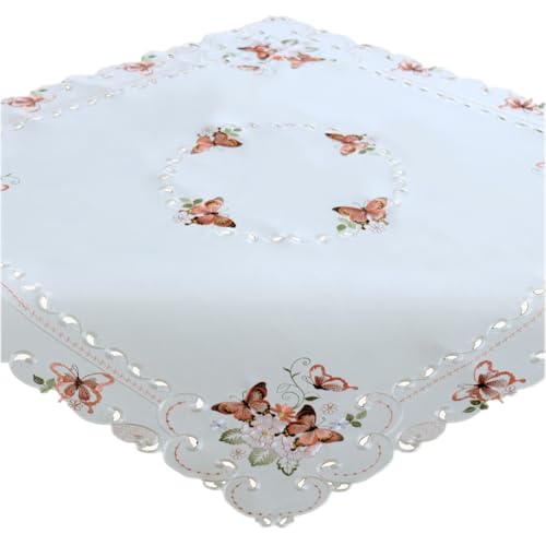 Nappe 110 x 110 cm motif papillon brodé linge de table carré blanc - 2