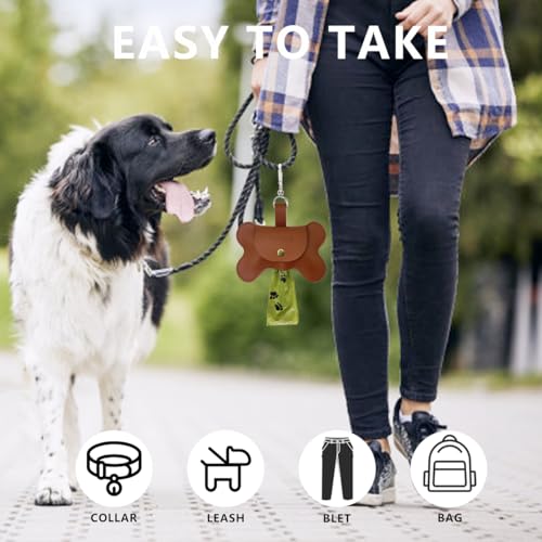 Image of Dog Poop Bag Holder for Leash, Durable Leather Dog Poop Bag Dispenser with Carabiner and Waste Bag Holder, Dog Waste Bag Holder Fits Most Doggie Poop Bags, Brown