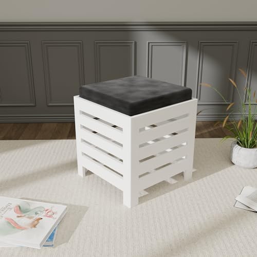 Image of ETIQUETTE ART Cushion Wooden Stool| Foot Stool |Fruit Stool| Square Table| Office Stool| Bedside Table | Cushion Stool | Stool for Kitchen Wooden Stool Cotton Cover (White & Black)