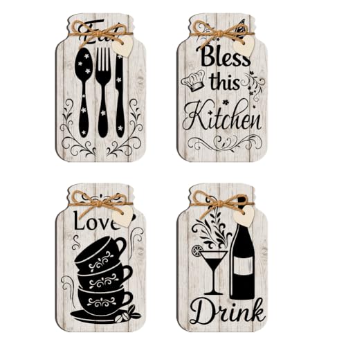 PH PandaHall 4pz Decorazioni da Parete Cucina in Legno Cartello a Forma di Barattolo con Scritte Eat Drink Love Less This Kitchen Stile Rustico per Cucina Casa Sala da Pranzo Soggiorno Bar, 15x9cm