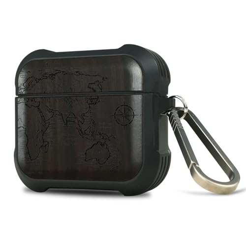 Carveit Case per AirPods 4 (2024) generazione Custodia di ricarica, Unico Cover in Legno compatibile con AirPods di 4a Gen (USB-C) con titanio Moschettone (Legno nero-Mappe della bussola)