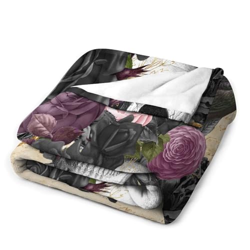 Couverture polaire squelette crâne corbeau rose grand plaid lit canapé - 4
