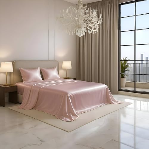 Image of Luxe Ere Satin Bedsheet Single Size (60x90) | 300 TC Ultra Smooth Silky Soft Luxury Satin Bed Sheet with 2 Pillow Covers | Premium Satin Bedsheets for Single Bed - Champagne Rose