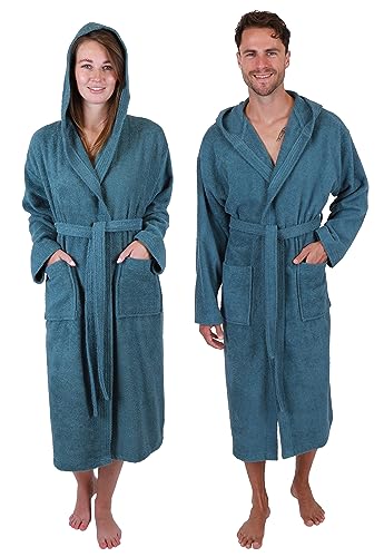 Betz Bademantel mit Kapuze aus 100% Baumwolle – Frottee Saunabademantel für Damen & Herren – kuschelig, saugstark & lang – Serie Berlin Farbe taubenblau Größe S/M