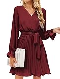 Wine Red Dress for Women Lantern Sleeve Wrap V Neck Dress Pleated Cocktail Dresses with Belt M