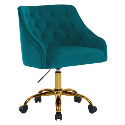 MOJAY Velvet Office Swivel Chair, Vanity Chair, Fabric Desk Chair, Pretty Fancy Chair, Gold Office Chair for Girls, 360°Swivel Height Adjustable Reception Chair (Turquoise)