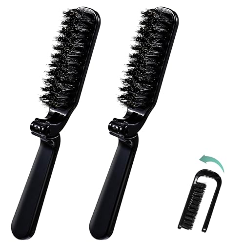 折りたたみ式ブラシ ミニ イノシシ毛 ひげブラシ ヘアブラシ 折りたたみトラベルヘアブラシ コンパクト 折りたたみ式 櫛 ポータブル 折りたたみヘアブラシ トラベルサイズ ポケット ヘアコーム ヘアスタイリングブラシ 財布ポケット用 2個