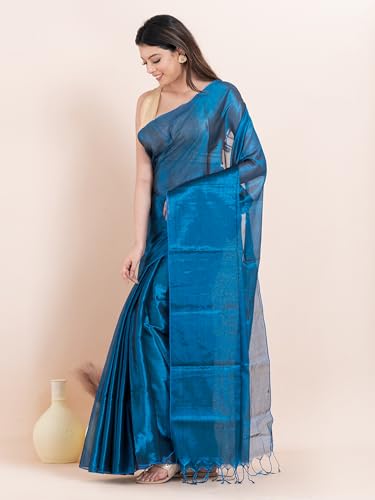 Image of Women's Tissue Cotton Saree | Plain Lightweight Tassel Pallu Saree with Blouse