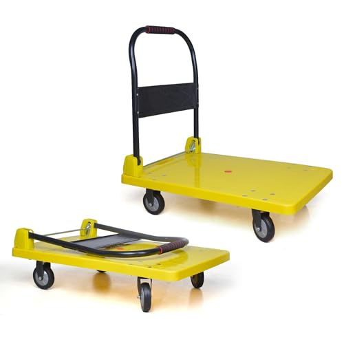 Image of BonKaso 150Kg Heavy-Duty Platform Trolley | Foldable Metal Hand Truck with 4 360 Rotating TPR Wheels & Cushioned Grip Handle | Industrial, Warehouse, Office & Home Use (68.5x47x77.5cm) Yellow