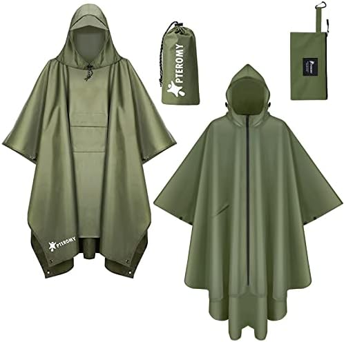 PTEROMY Hooded Rain Poncho with Pocket+Hooded Rain Poncho with Pocket and Zipper
