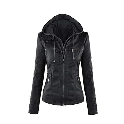 LucaSng Mujer Invierno Cremallera Jackets Chaquetas Deportiva Cuero PU Biker Cazadoras Imitacion Piel Moto Abrigos con Capucha, Chaqueta Corta para el Otoño (Negro, S)