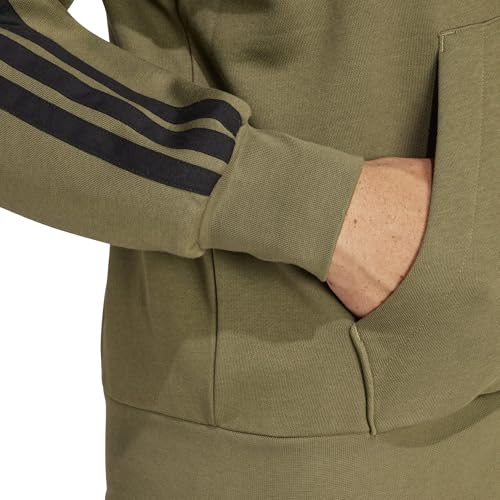 Adidas Men's Essential Three Stripes Fleece Zipper Hoodie, Olive strata/Black, L