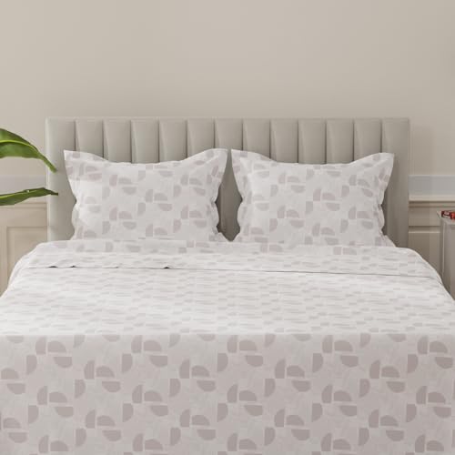 Image of Layers 100% Cotton Bedsheet for King Size Bed | Lumina Floret Collection | 144 TC Soft & Breathable | Printed with 2 Pillow Covers | Wrinkle Free & Colorfast | 3 Piece Bedding Set - Grey & White