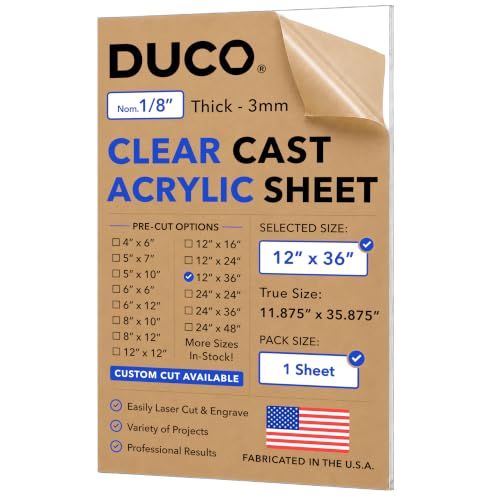 Duco 1/8" Clear Cast Acrylic Sheet, 12"x36" Plexiglass Sheet, 1 Pack
