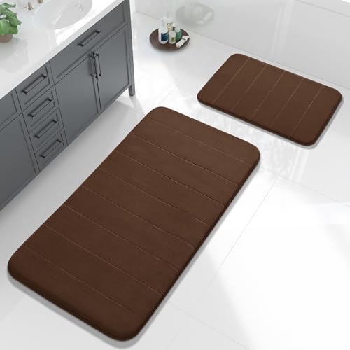 Image of Yimobra Large Bath Mat Set 2 Piece- Super Soft Absorbent Quick Dry Memory Foam Bathroom Rugs, Machine Washable Non Slip Floor Carpet for Tub Shower & Double Vanity (17x24 & 44x24, Brown)