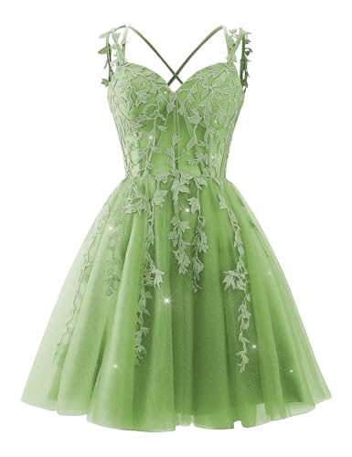 CYJJYZ Teens Short Homecoming Dresses 2025 Glitter Tulle Corset Prom Dress Short V Neck Cocktail Party Gown for Women Sage Green US10