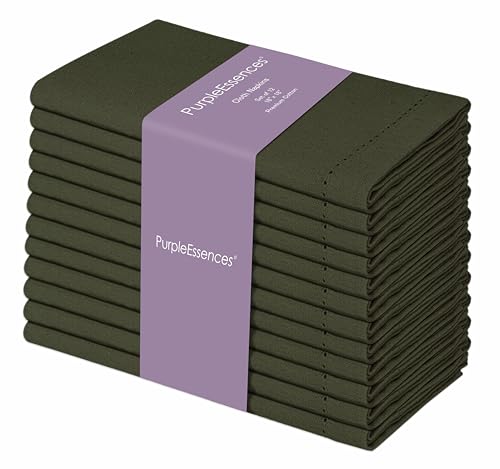 PurpleEssences Hemstitch Cloth Napkins 18x18 in Set of 12 - Olive Green
