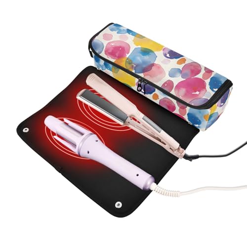Organizador para herramientas de peinado, bolsa portátil con diseño acuarela y puntos, con tapete resistente al calor para plancha, rizadora y otras herramientas de peinado miniatura 2