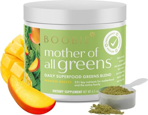 Image of Boobie Pregnancy & Breastfeeding Superfood Greens Powder | Safe for Nursing Moms | 35+ Nutrients for Prenatal, Postpartum & Family Nutrition | Vegan, Gluten Free, Sugar Free | Mango Breeze, 30 Svgs