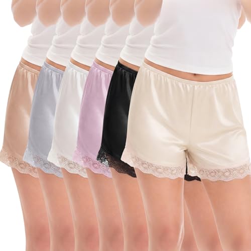 Chicingyou 6 Pcs Women's Slip Shorts Under Dress Satin Half Slip Pettipants Bloomers Shorts with Lace Trim Silky Anti Chafing (XXL)