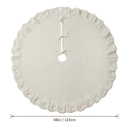 KHOYIME White Knitted Christmas Tree Skirt 48 Inches, Rustic Vintage Large Xmas Tree Rug Skirt Chunky Thick Knit Boho Under Tree Skirt, Farmhouse Indoor Holiday Decorations New Year Home Party Decor by KHOYIME - Image 3